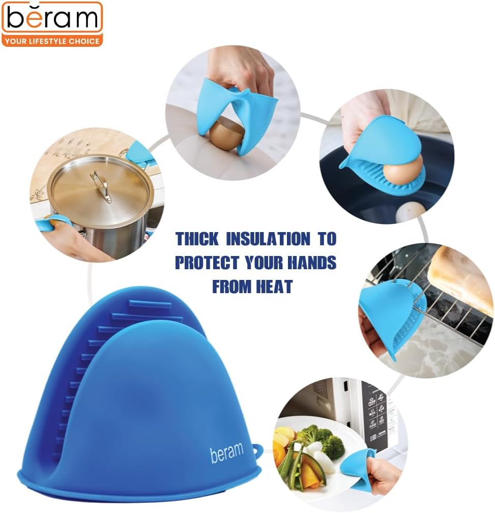 BERAM Silicone Mini Oven Mitts, Set of 2, Kitchen Pot Holders, Heat Resistant, Small Kitchen Mitts, Air Fryer Mitts Mini, Pot Pinch Grip for Cooking and Baking