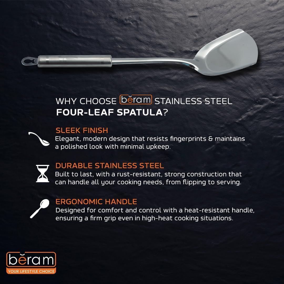 BERAM Stainless Steel Cooking Utensils Set 6 Pieces Four Leaf Design Handles Spatula Turner Rice Scoop Pasta Server Skimmer Soup Ladle Kitchen Tools for Daily Use