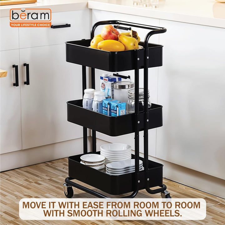 BERAM 3-Tier Metal Storage Rack with Handle & Smooth-Rolling Wheels Heavy-Duty 3-Basket Shelves Organizer for Kitchen Bathroom Pantry and Home Storage Durable Space-Saving Black