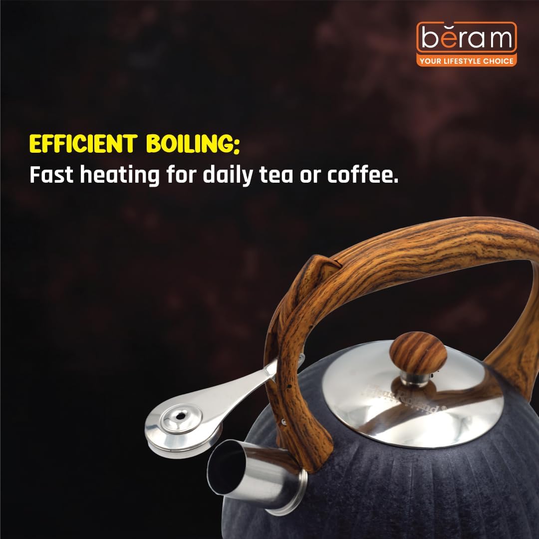 Haus Roland Whistling Kettle, Wooden Handles with Stripes, Stovetop Tea Kettle, Stainless Teapot, 3 Liters, Fast Boiling, Perfect for Homes, Picnics, and Parties