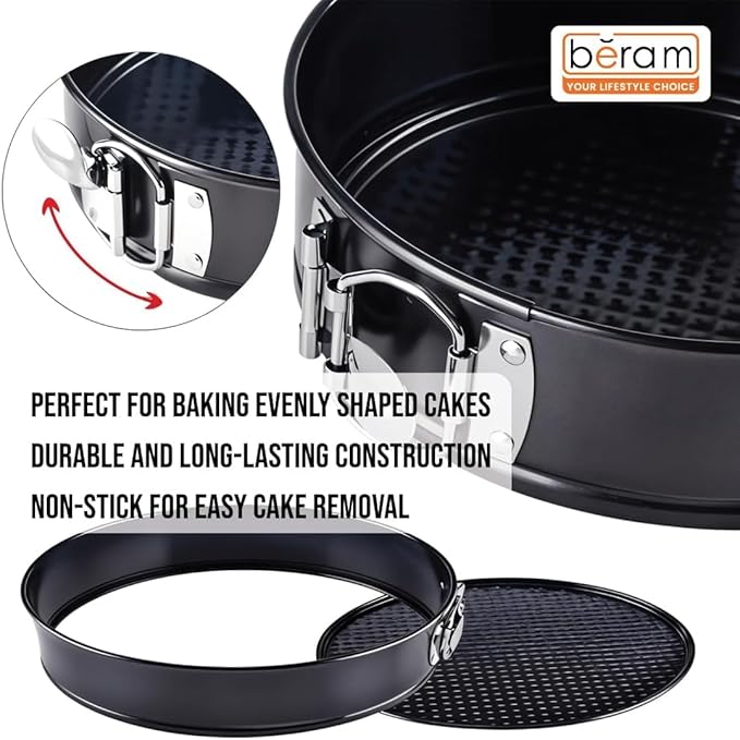 Beram Non Stick Cake Tin Black Round Carbon Steel Baking Pan with Quick Release Latch Removable Leakproof Bottom Heavy Duty Springform Cake Mould for Cheesecake Pastries and Layered Cakes