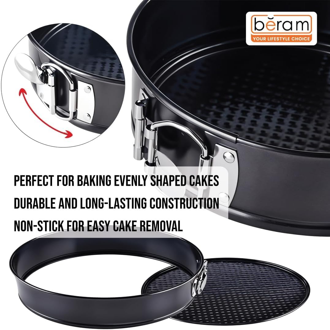 Beram Non Stick Cake Tin Black Round Carbon Steel Baking Pan with Quick Release Latch Removable Leakproof Bottom Heavy Duty Springform Cake Mould for Cheesecake Pastries and Layered Cakes