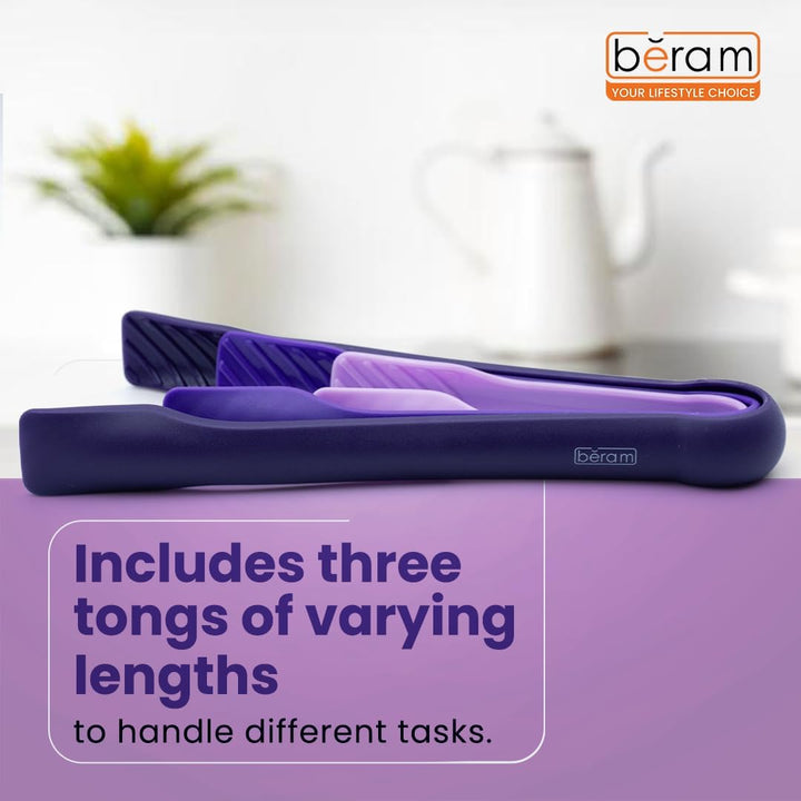 BERAM Plastic Kitchen Tongs Set of 3 Food Serving and BBQ Tongs for Bread Salad Fruit Buffet and Grilling Durable BPA Free Reusable Utility Tongs for Home Party and Daily Use