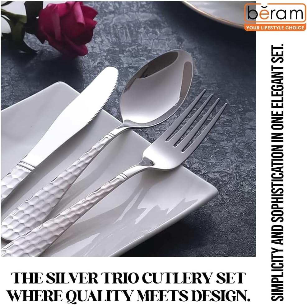 BERAM Silver Trio Cutlery Premium Stainless Steel Flatware and Silverware with Elegant Engraved Handles Durable Kitchen Utensils and Tableware for Home Restaurants Hotels