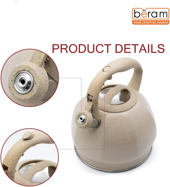 Haus Roland Whistling Kettle, Stovetop Tea Kettle, Stainless Teapot, 3 Liters with Dotted Grain Handles, Fast Boiling, Perfect for Homes, Picnics, and Parties