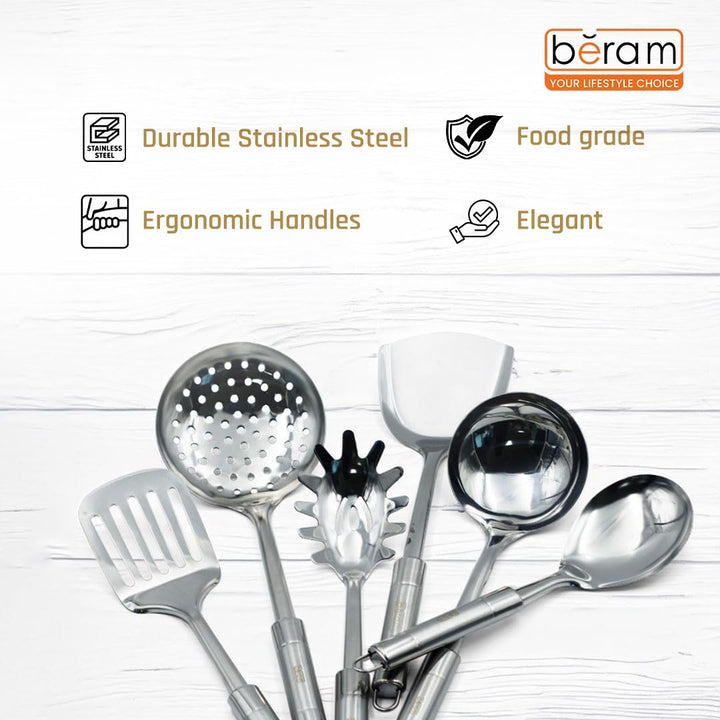 BERAM Stainless Steel Cooking Utensils Set – 6-Piece Kitchen Tool Set with Pasta Server Turner Spatula Skimmer Rice Scoop & Soup Ladle – Durable Matte Silver Cookware Utensils
