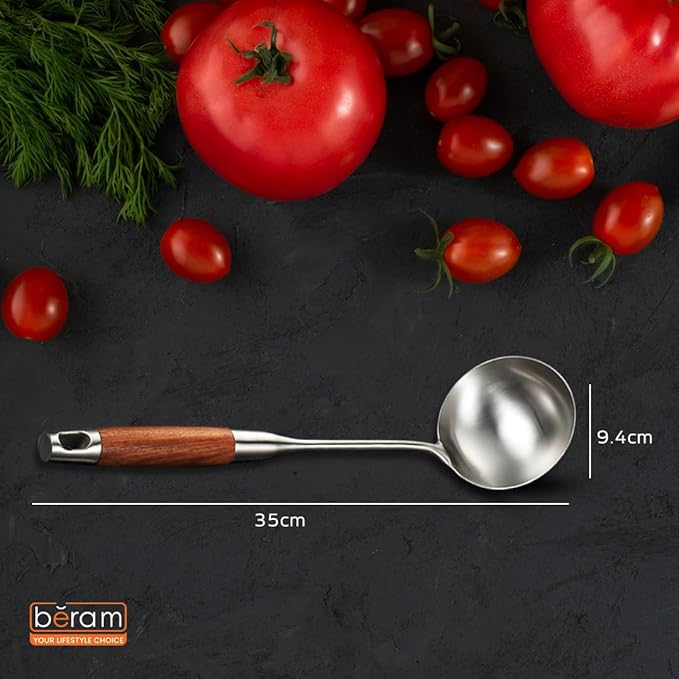 BERAM Soup Ladle Stainless Steel Soup Spoon Kitchen Tool with Wooden Handles Cooking Utensil Serving Spoon Food Grade Non-Deformable Compact Silver