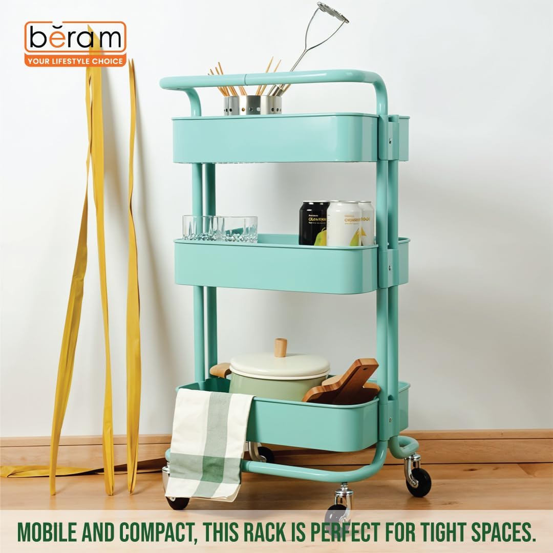 BERAM 3-Tier Metal Storage Rack with Handle & Smooth-Rolling Wheels – Heavy-Duty Basket Shelf Organizer for Kitchen Bathroom Pantry and Home Organization – Durable Space-Saving Utility Cart Green
