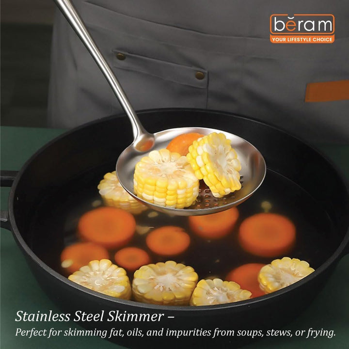 BERAM Cooking Utensils Set 304 Stainless Steel 6 Pieces Soup Spoon Spatula Slotted Turner Rice Scoop Pasta Server Skimmer Food Grade Kitchen Tools with Bamboo Shaped Handles