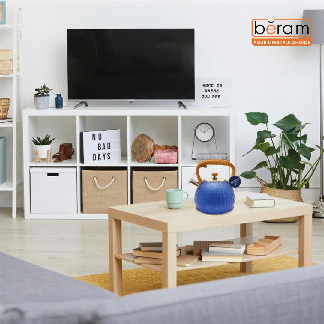 Haus Roland Whistling Kettle, Wooden Handles with Stripes, Stovetop Tea Kettle, Stainless Teapot, 3 Liters, Fast Boiling, Perfect for Homes, Picnics, and Parties