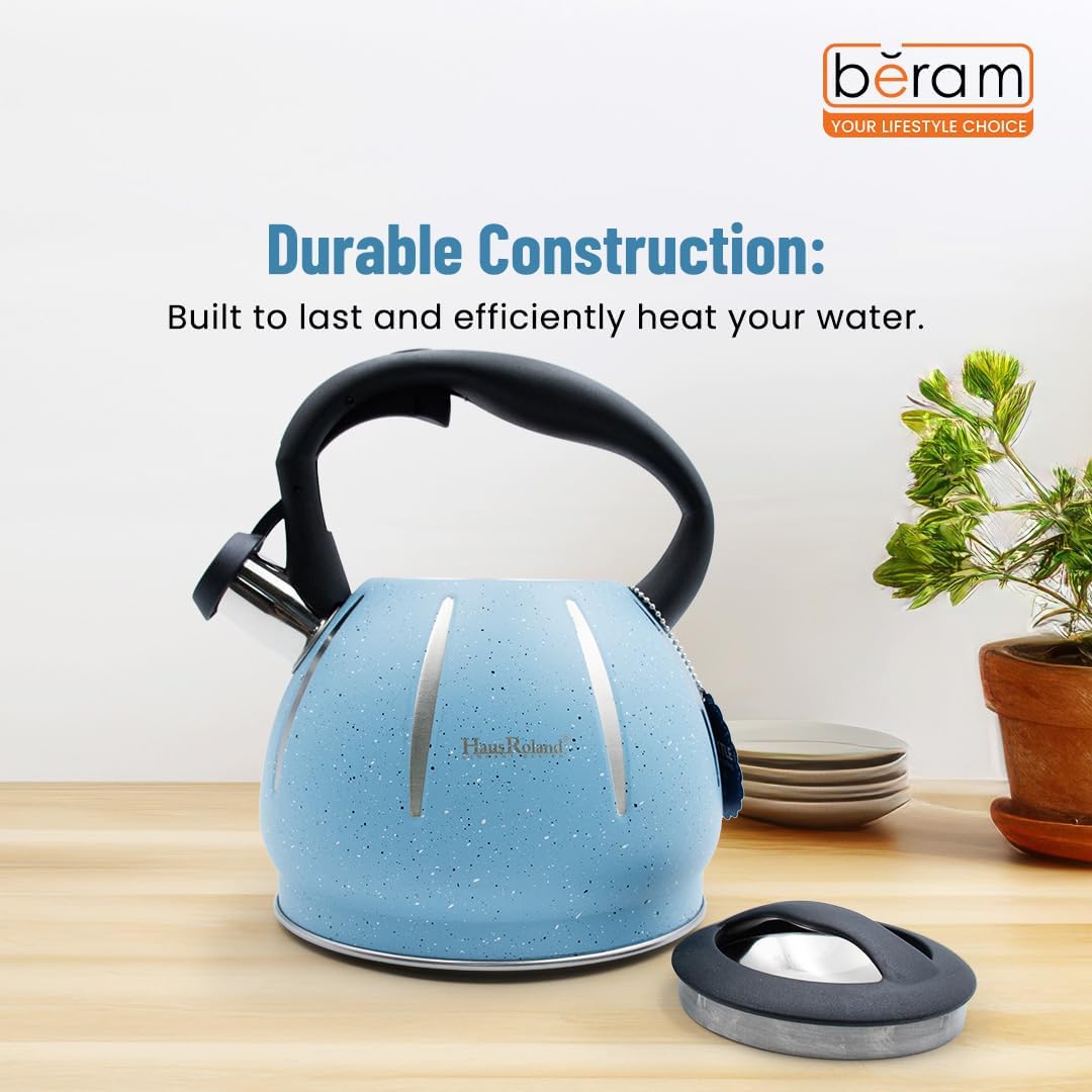 Haus Roland Stainless Steel Tea Kettle, Dotted Kettles, 3 Litres, Whistling Teapot, Stove Top, Stone Finish, Anti-Hot Handle, Anti-Rust, Loud Whistle, Fast Boiling Kitchen Utensil