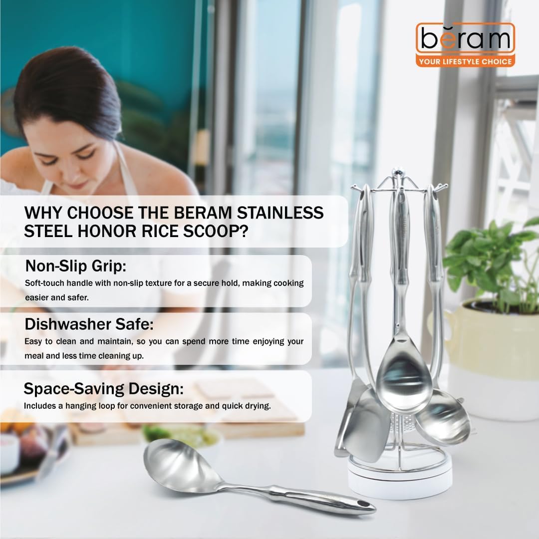 BERAM Honor Cooking Utensils Set 304 Stainless Steel 6 Pieces Soup Spoon Spatula Slotted Turner Rice Scoop Pasta Server Skimmer Food Grade Kitchen Tools