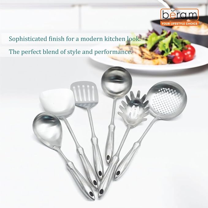 BERAM Honor Cooking Utensils Set, 304 Stainless Steel, 6 Pieces, Soup Spoon, Spatula, Slotted Turner, Rice Scoop, Pasta Server, Skimmer, Food Grade, Kitchen Tools