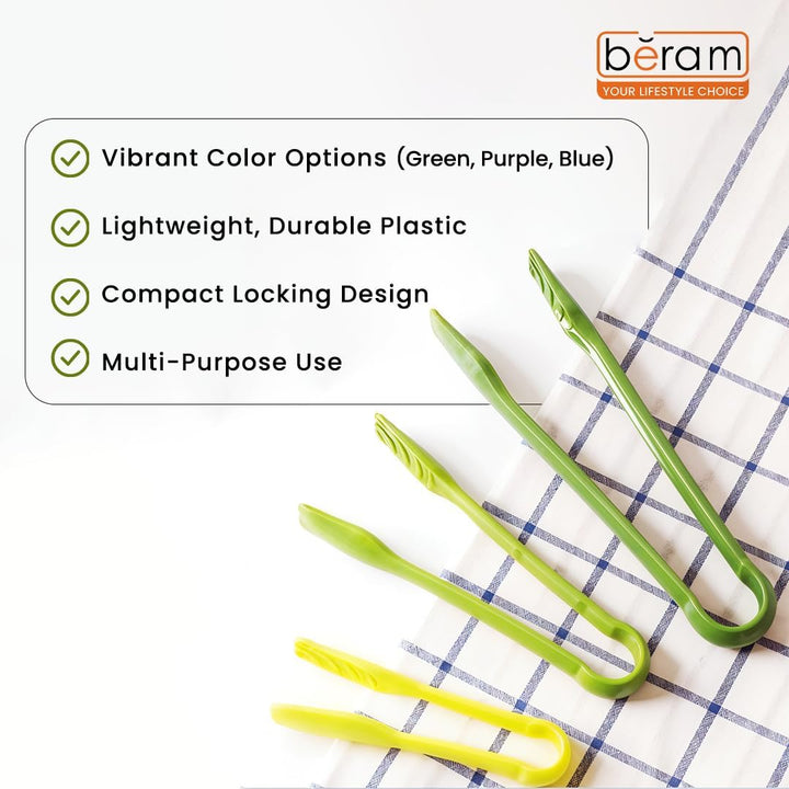 BERAM Plastic Kitchen Tongs Set of 3 Food Serving and BBQ Tongs for Bread Salad Fruit Buffet and Grilling Durable BPA Free Reusable Utility Tongs for Home Party and Daily Use