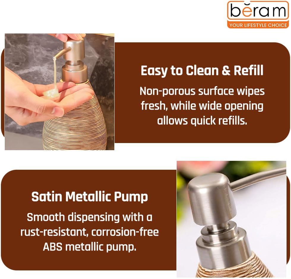 Beram 5PCS Brown Ceramic Bathroom Kitchen Accessory Set Natural Textured Design with Soap Dispenser brush Holder Tumbler Multifunction Holder & Soap Dish Rustic Boho Style (5PCS Set)