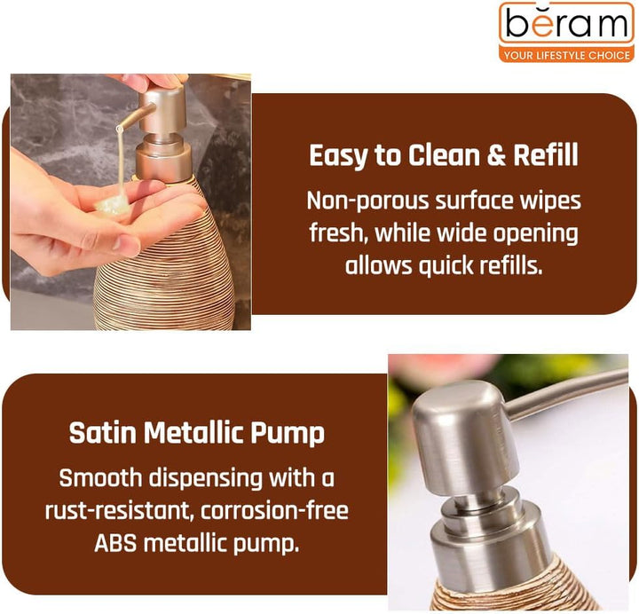 Beram 5PCS Brown Ceramic Bathroom Kitchen Accessory Set Natural Textured Design with Soap Dispenser brush Holder Tumbler Multifunction Holder & Soap Dish Rustic Boho Style (5PCS Set)