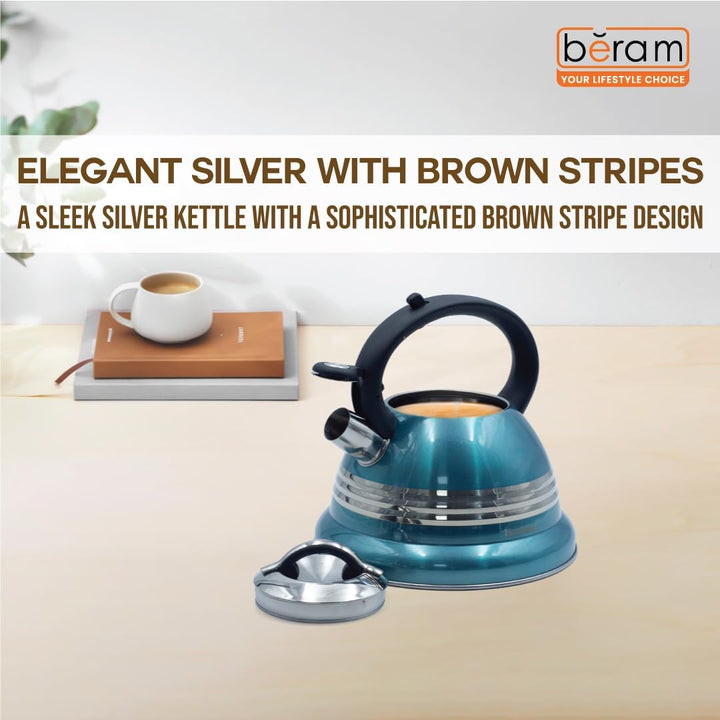 Haus Roland Stainless Steel Tea Kettle, 3 Litres, Whistling Teapot, Stove Top, Stone Finish, Anti-Hot Handle, Anti-Rust, Loud Whistle, Fast Boiling Kitchen Utensil