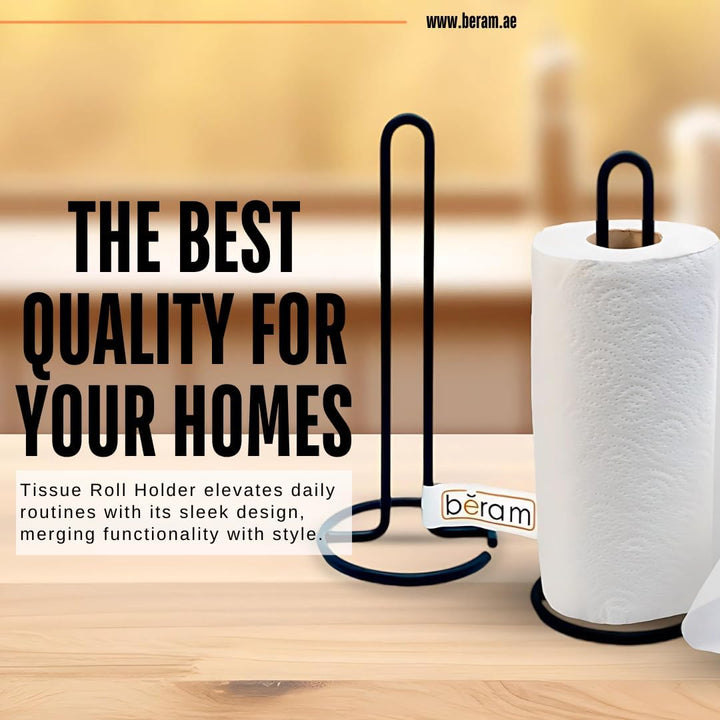 BERAM Tissue Holder for Kitchen Standing Natural Stainless Steel Black Paper Towel Stand Elevated Base Aesthetic Counter Top Rack Vertical Roll Stand for Hotels & Homes