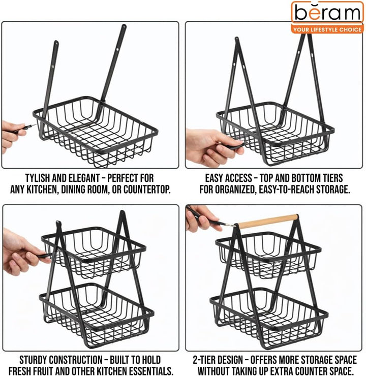 Beram Fruit Basket for Kitchen Counter Metal Wire Fruit Bowl & Vegetable Storage Organizer Rustic Countertop Fruit Holder with Handle for Kitchen, Dining & Pantry