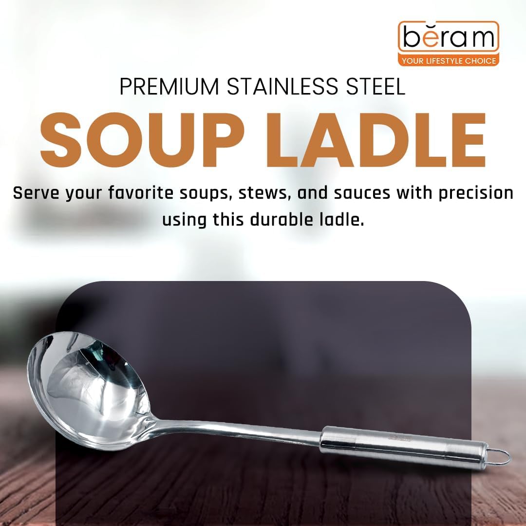 BERAM Stainless Steel Cooking Utensils Set – 6-Piece Kitchen Tool Set with Pasta Server Turner Spatula Skimmer Rice Scoop & Soup Ladle – Durable Matte Silver Cookware Utensils