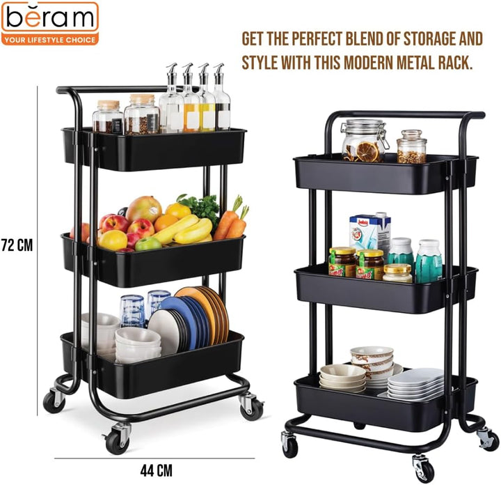 BERAM 3-Tier Metal Storage Rack with Handle & Smooth-Rolling Wheels Heavy-Duty 3-Basket Shelves Organizer for Kitchen Bathroom Pantry and Home Storage Durable Space-Saving Black