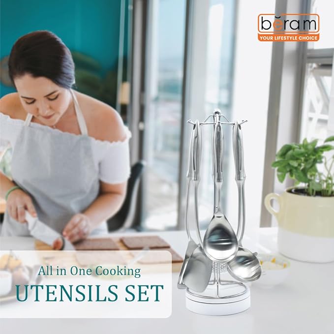BERAM Honor Cooking Utensils Set, 304 Stainless Steel, 6 Pieces, Soup Spoon, Spatula, Slotted Turner, Rice Scoop, Pasta Server, Skimmer, Food Grade, Kitchen Tools