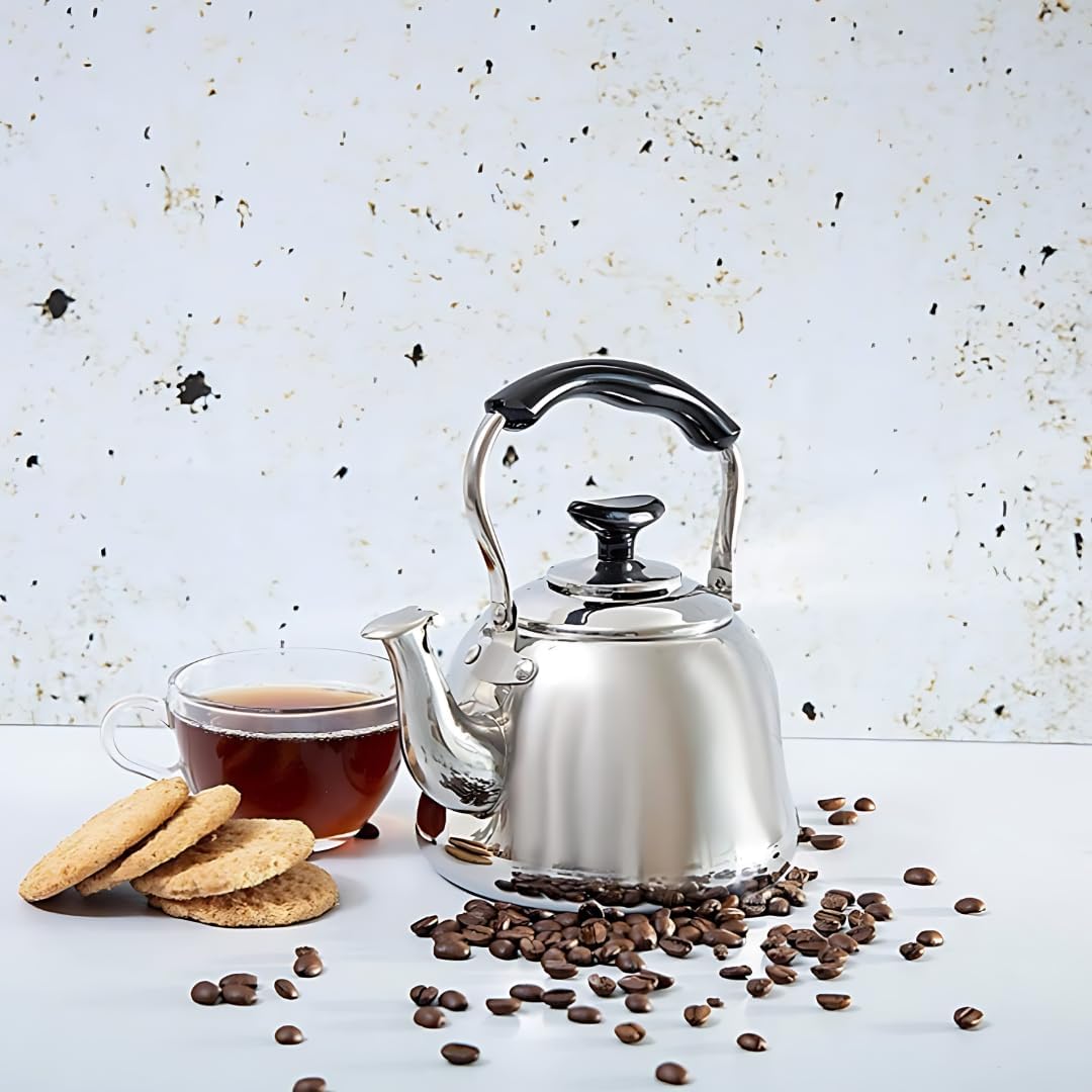 Beram MILANO Stainless Steel Tea Kettle with Infuser Whistling Teapot 2 Liters Stovetop Safe Whistling Heat and Cold Resistant Tea Strainers Dishwasher Safe