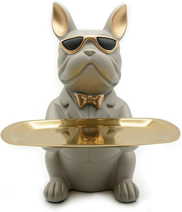 BERAM Bulldog Butler Statue with Tray Modern Resin Bulldog Figurine with Sunglasses Decorative Storage Holder for Keys Coins Jewelry Home Décor Stylish Desk and Entryway Organizer