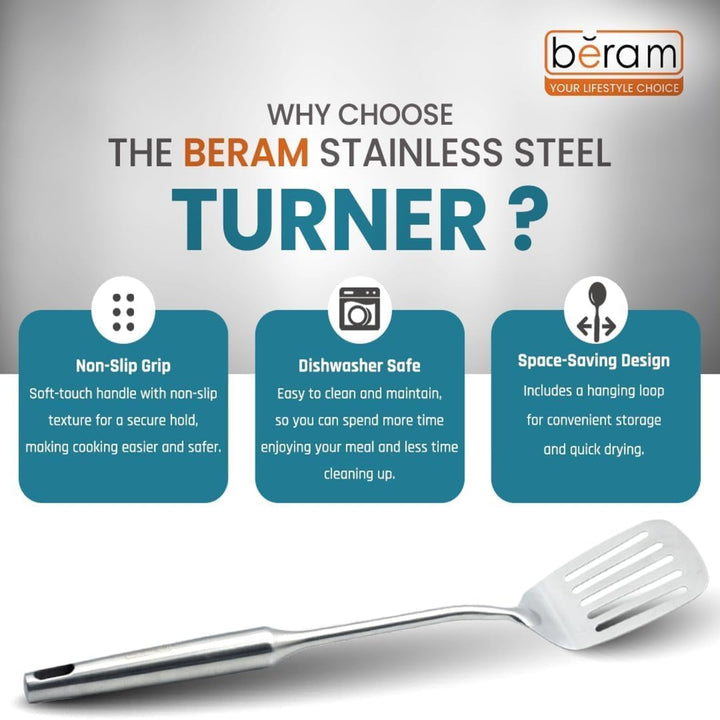 BERAM Stainless Steel Plain Handle Cooking Set, 304 Utensils Set of 6 with Stand – Pasta Server, Rice Scoop, Turner, Spatula, Soup Ladle, Skimmer – Kitchen Tools for Daily Use