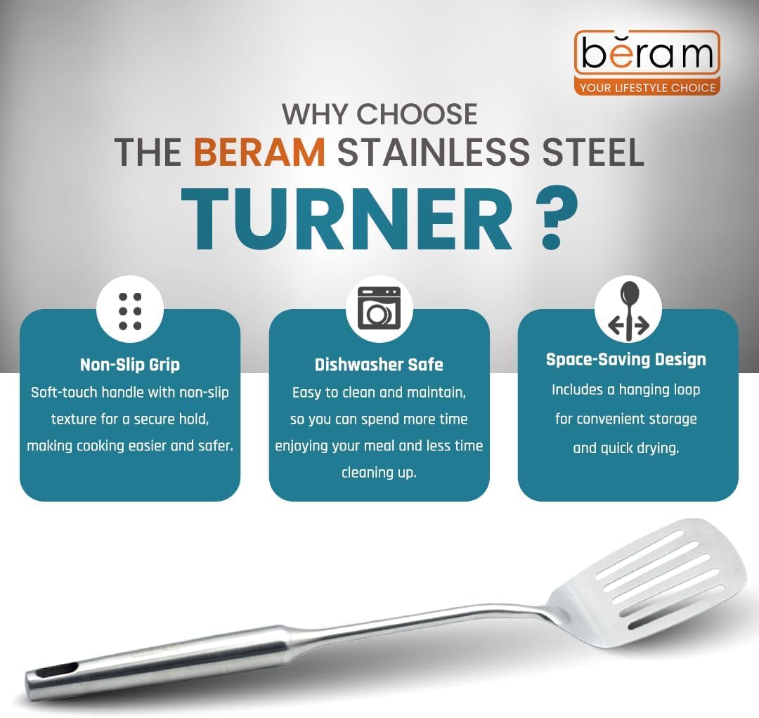 BERAM Stainless Steel Plain Handle Cooking Set, 304 Utensils Set of 6 with Stand – Pasta Server, Rice Scoop, Turner, Spatula, Soup Ladle, Skimmer – Kitchen Tools for Daily Use