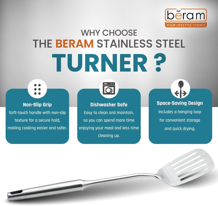 BERAM Stainless Steel Plain Handle Cooking Set, 304 Utensils Set of 6 with Stand – Pasta Server, Rice Scoop, Turner, Spatula, Soup Ladle, Skimmer – Kitchen Tools for Daily Use