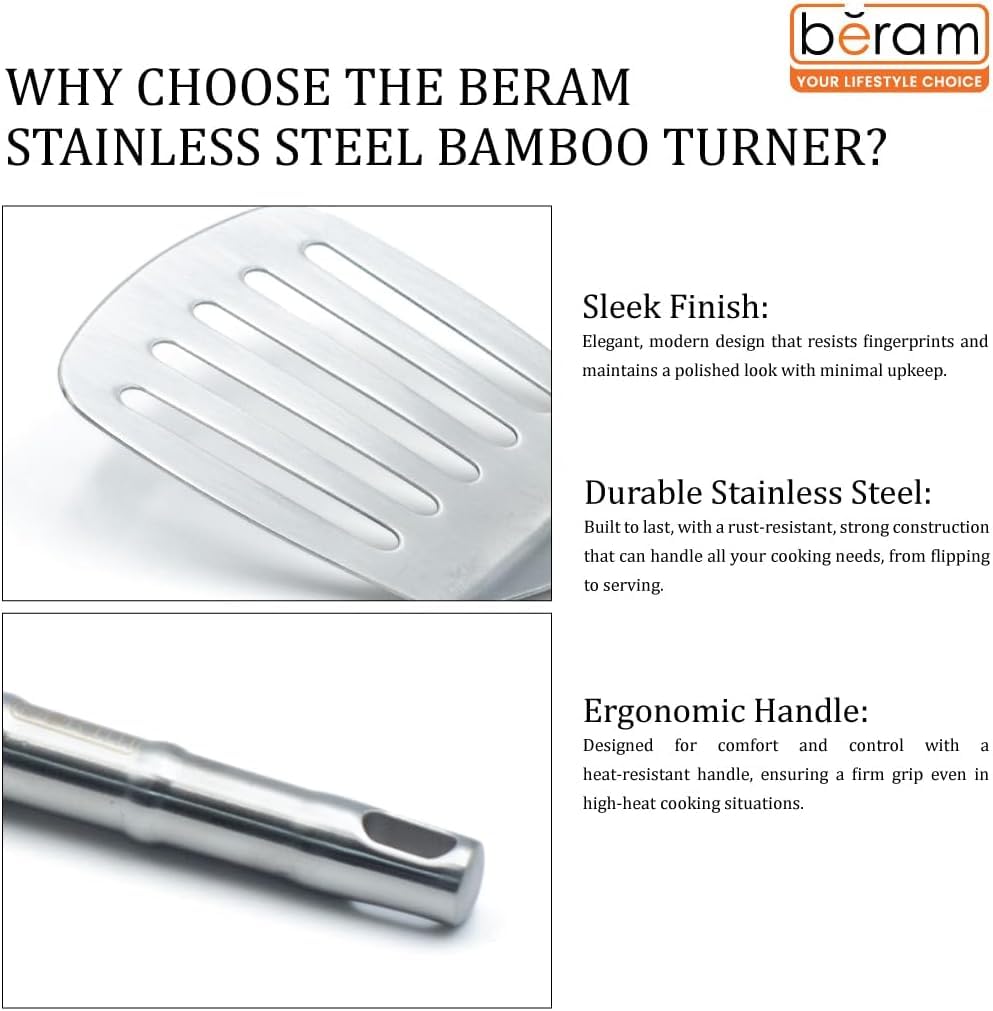 BERAM Cooking Utensils Set 304 Stainless Steel 6 Pieces Soup Spoon Spatula Slotted Turner Rice Scoop Pasta Server Skimmer Food Grade Kitchen Tools with Bamboo Shaped Handles