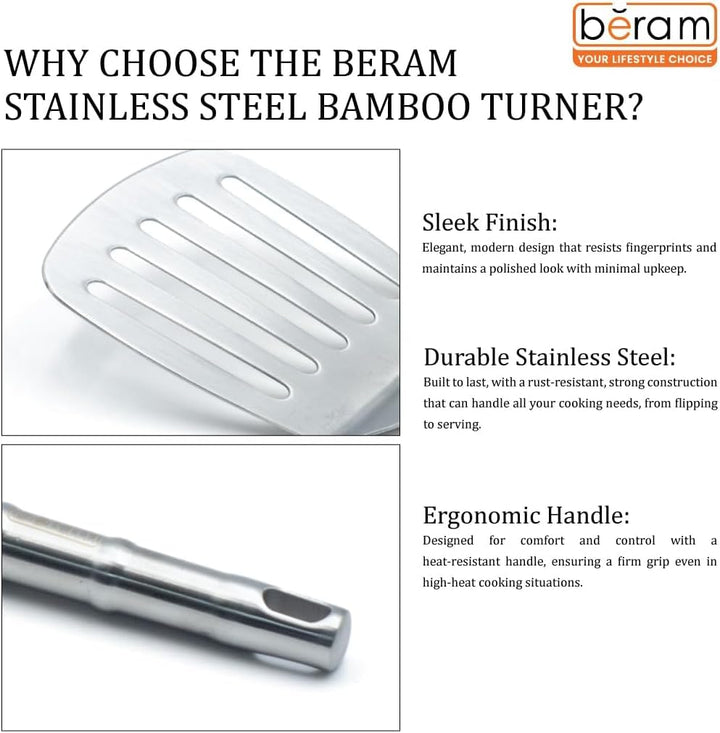 BERAM Cooking Utensils Set 304 Stainless Steel 6 Pieces Soup Spoon Spatula Slotted Turner Rice Scoop Pasta Server Skimmer Food Grade Kitchen Tools with Bamboo Shaped Handles