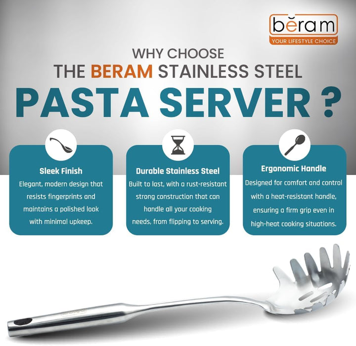 BERAM Stainless Steel Plain Handle Cooking Set, 304 Utensils Set of 6 with Stand – Pasta Server, Rice Scoop, Turner, Spatula, Soup Ladle, Skimmer – Kitchen Tools for Daily Use