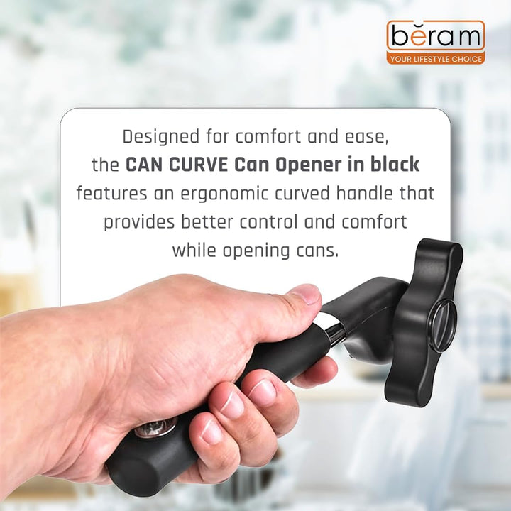 BERAM Manual Can Opener – Heavy Duty Stainless Steel Lid Opening Tool with Curved Handles – Handheld Multiopener with Sharp Blades & Smooth Edge Cutting