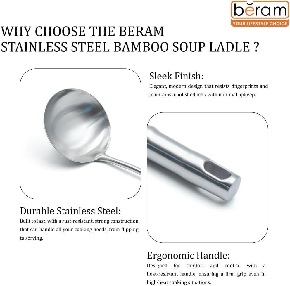 BERAM Cooking Utensils Set 304 Stainless Steel 6 Pieces Soup Spoon Spatula Slotted Turner Rice Scoop Pasta Server Skimmer Food Grade Kitchen Tools with Bamboo Shaped Handles