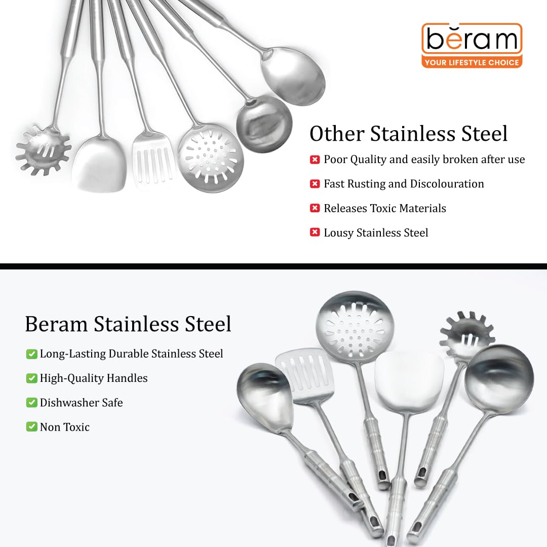 BERAM Cooking Utensils Set 304 Stainless Steel 6 Pieces Soup Spoon Spatula Slotted Turner Rice Scoop Pasta Server Skimmer Food Grade Kitchen Tools with Bamboo Shaped Handles
