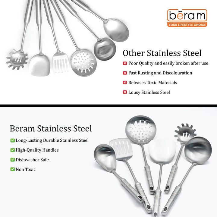 BERAM Cooking Utensils Set 304 Stainless Steel 6 Pieces Soup Spoon Spatula Slotted Turner Rice Scoop Pasta Server Skimmer Food Grade Kitchen Tools with Bamboo Shaped Handles