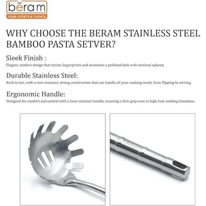 BERAM Cooking Utensils Set 304 Stainless Steel 6 Pieces Soup Spoon Spatula Slotted Turner Rice Scoop Pasta Server Skimmer Food Grade Kitchen Tools with Bamboo Shaped Handles