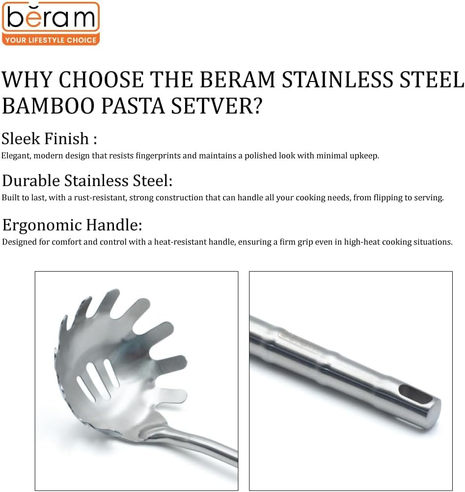 BERAM Cooking Utensils Set 304 Stainless Steel 6 Pieces Soup Spoon Spatula Slotted Turner Rice Scoop Pasta Server Skimmer Food Grade Kitchen Tools with Bamboo Shaped Handles