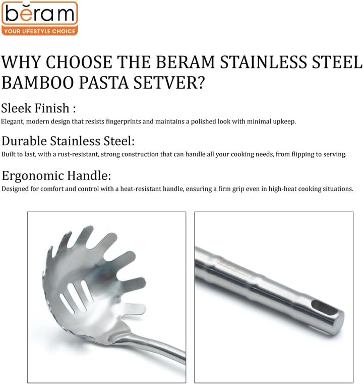 BERAM Cooking Utensils Set 304 Stainless Steel 6 Pieces Soup Spoon Spatula Slotted Turner Rice Scoop Pasta Server Skimmer Food Grade Kitchen Tools with Bamboo Shaped Handles