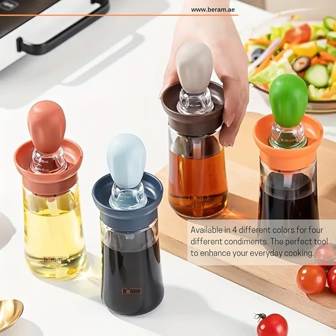 BERAM Oil Dispenser Bottle with Brush Set of 4 for Barbecue Vinegar or Sauce Glass Container with Silicone Baster for Kitchen Baking Air Fryer 2 in 1 Leakproof Non Drip Cooking Tool