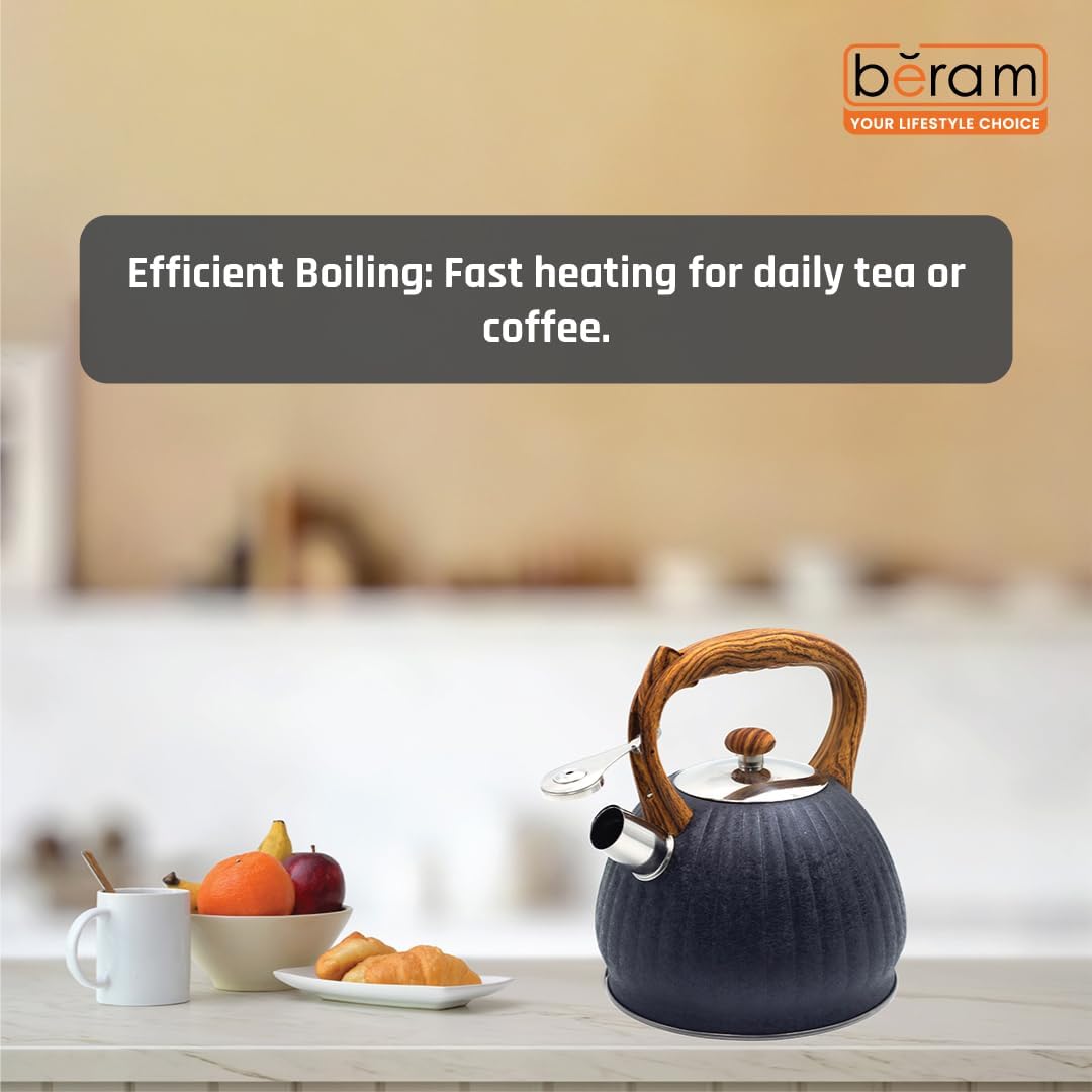 Haus Roland Whistling Kettle, Wooden Handles with Stripes, Stovetop Tea Kettle, Stainless Teapot, 3 Liters, Fast Boiling, Perfect for Homes, Picnics, and Parties