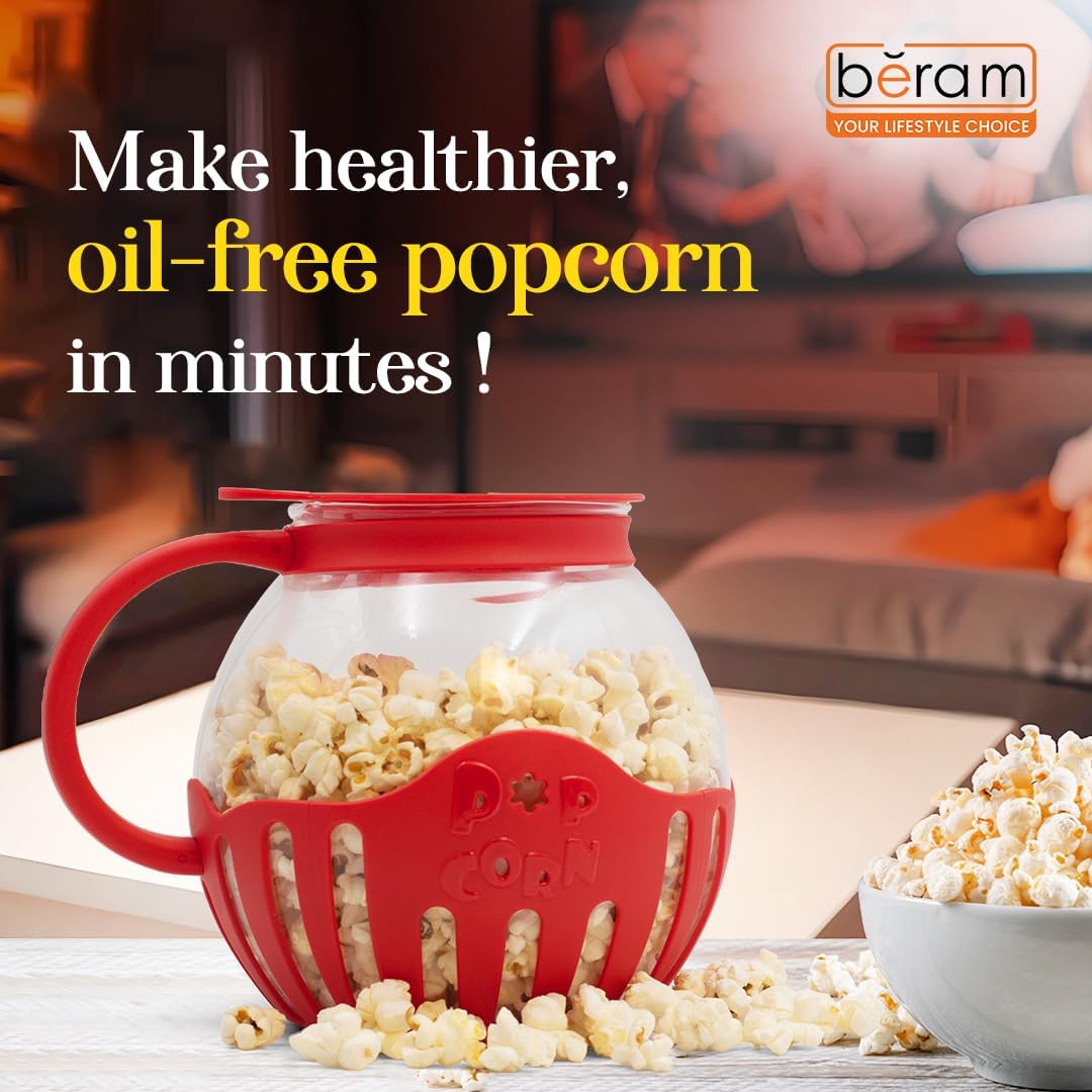 BERAM Microwave Popcorn Maker, Family Size Popcorn Popper with Temperature Safe Glass, 3 in 1 Lid, Measures Kernels and Melts Butter, House Party, Movie Nights and Daily Use