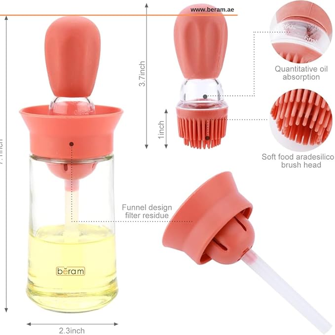 BERAM Oil Dispenser Bottle with Brush Set of 4 for Barbecue Vinegar or Sauce Glass Container with Silicone Baster for Kitchen Baking Air Fryer 2 in 1 Leakproof Non Drip Cooking Tool