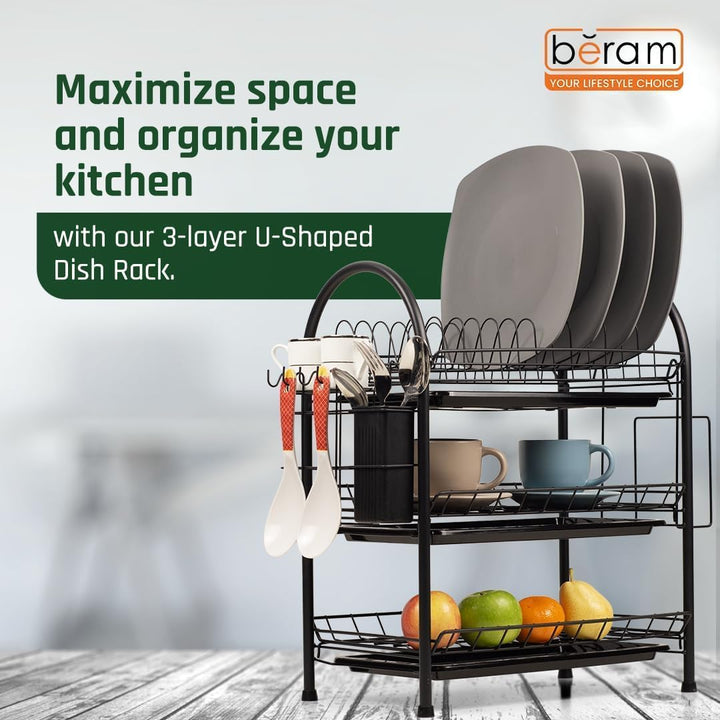 BERAM 3-Tier Dish Drying Rack – Large Capacity Kitchen Organizer with Utensil Holder, Knife Block, Cutting Board Rack & Drip Tray – Rust-Proof Dish Drainer Stand – Black