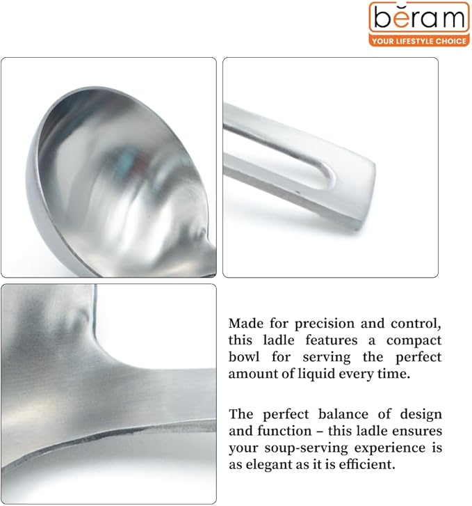 BERAM Soup Ladle, Stainless Steel Soup Spoon, Kitchen Tool, Long Handle Chef Utensils, Cooking Utensil, Serving Spoon, Food Grade, Non-Deformable, Compact, Lightweight (6 CM)