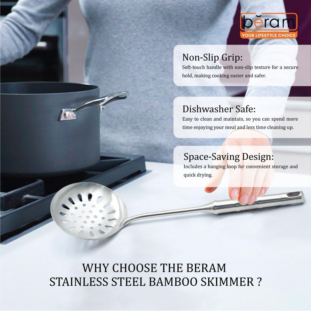 BERAM Cooking Utensils Set 304 Stainless Steel 6 Pieces Soup Spoon Spatula Slotted Turner Rice Scoop Pasta Server Skimmer Food Grade Kitchen Tools with Bamboo Shaped Handles