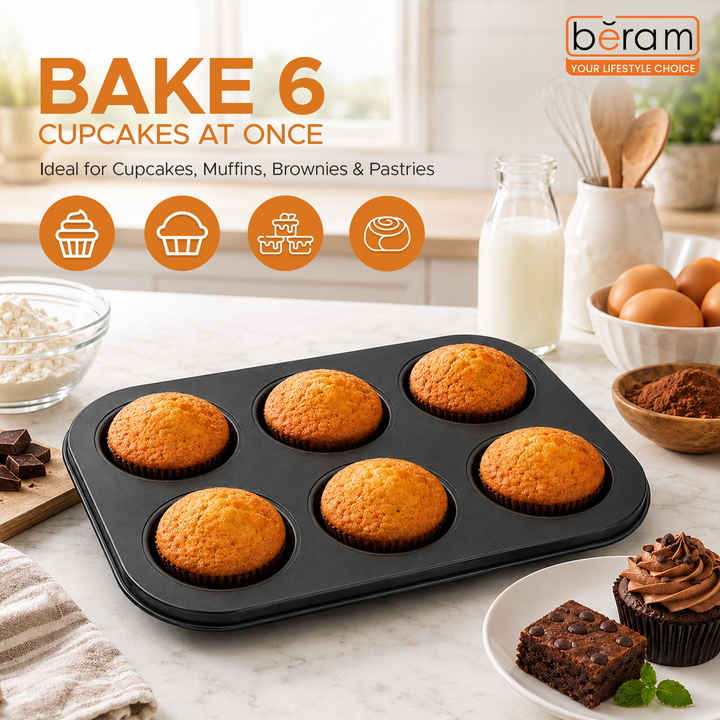 Beram 6 Cupcake Tray Non Stick Carbon Steel Muffin Pan Durable Oven Safe Bakeware Baking Tray for Cupcakes Muffins Brownies Cookies Pastry Tarts Desserts BPA Free Kitchen Baking Pan