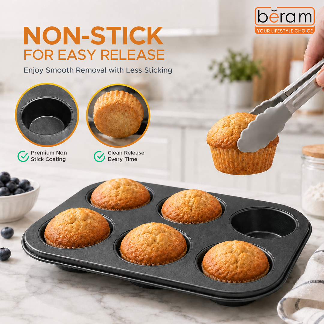 Beram 6 Cupcake Tray Non Stick Carbon Steel Muffin Pan Durable Oven Safe Bakeware Baking Tray for Cupcakes Muffins Brownies Cookies Pastry Tarts Desserts BPA Free Kitchen Baking Pan